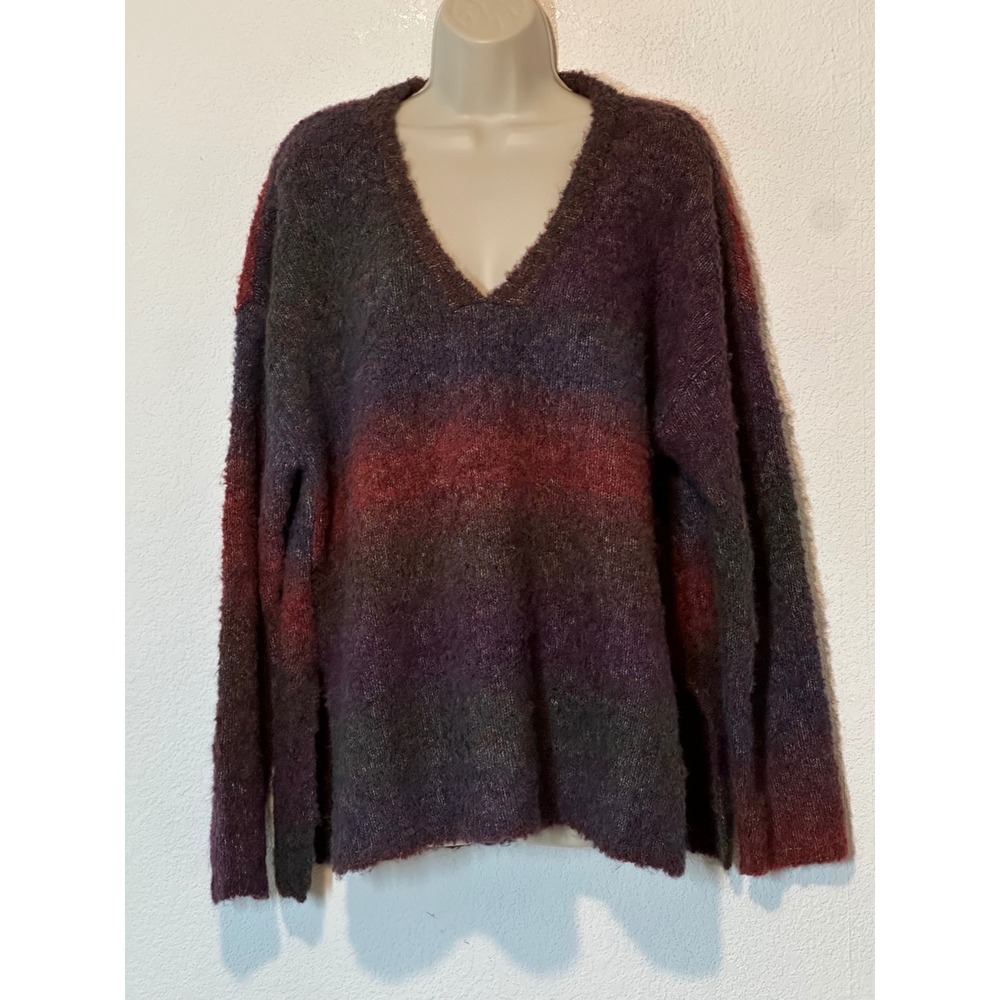 Natural Life Womens Large V-Neck Ombre Striped Fuzzy Knit Sweater Purple Red L